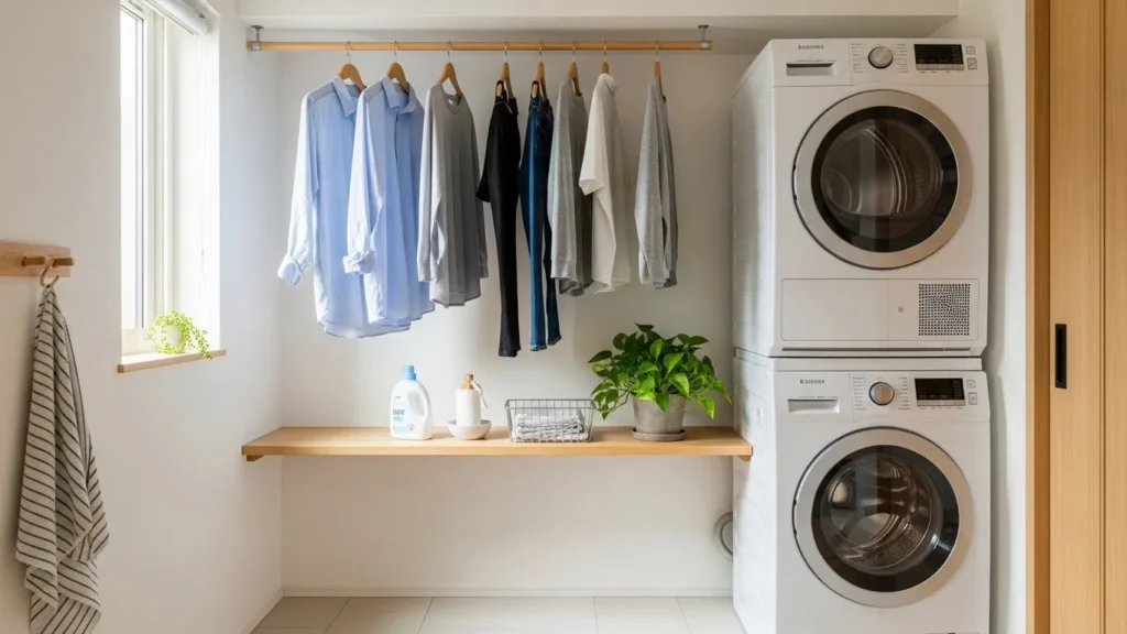 Wall-mounted hanging rod for air-drying clothes in a small laundry room