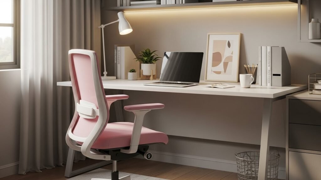 Pink ergonomic desk chair in a modern home office setup
