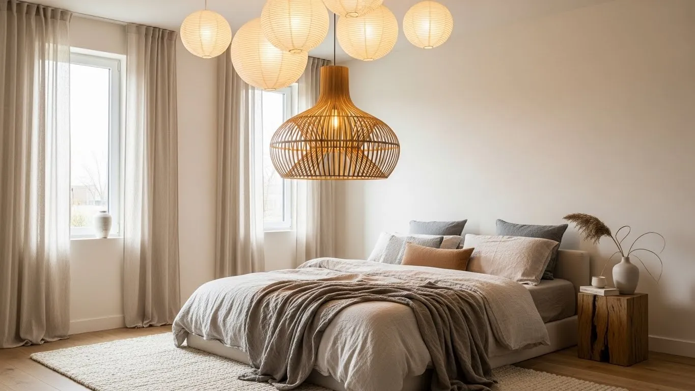 Statement pendant lighting in organic modern bedroom