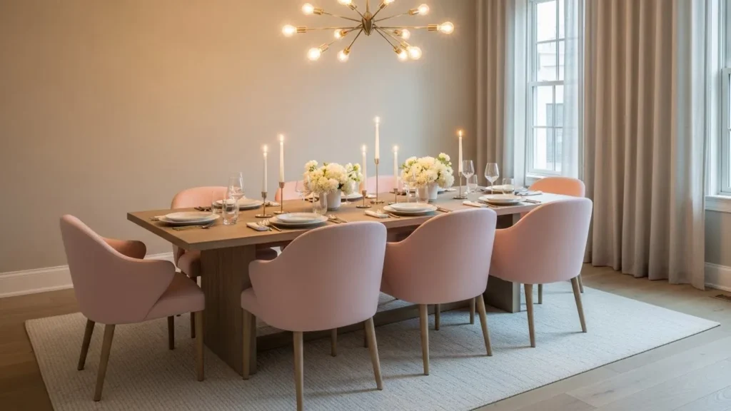 Soft pink dining chairs styled in an elegant modern dining room
