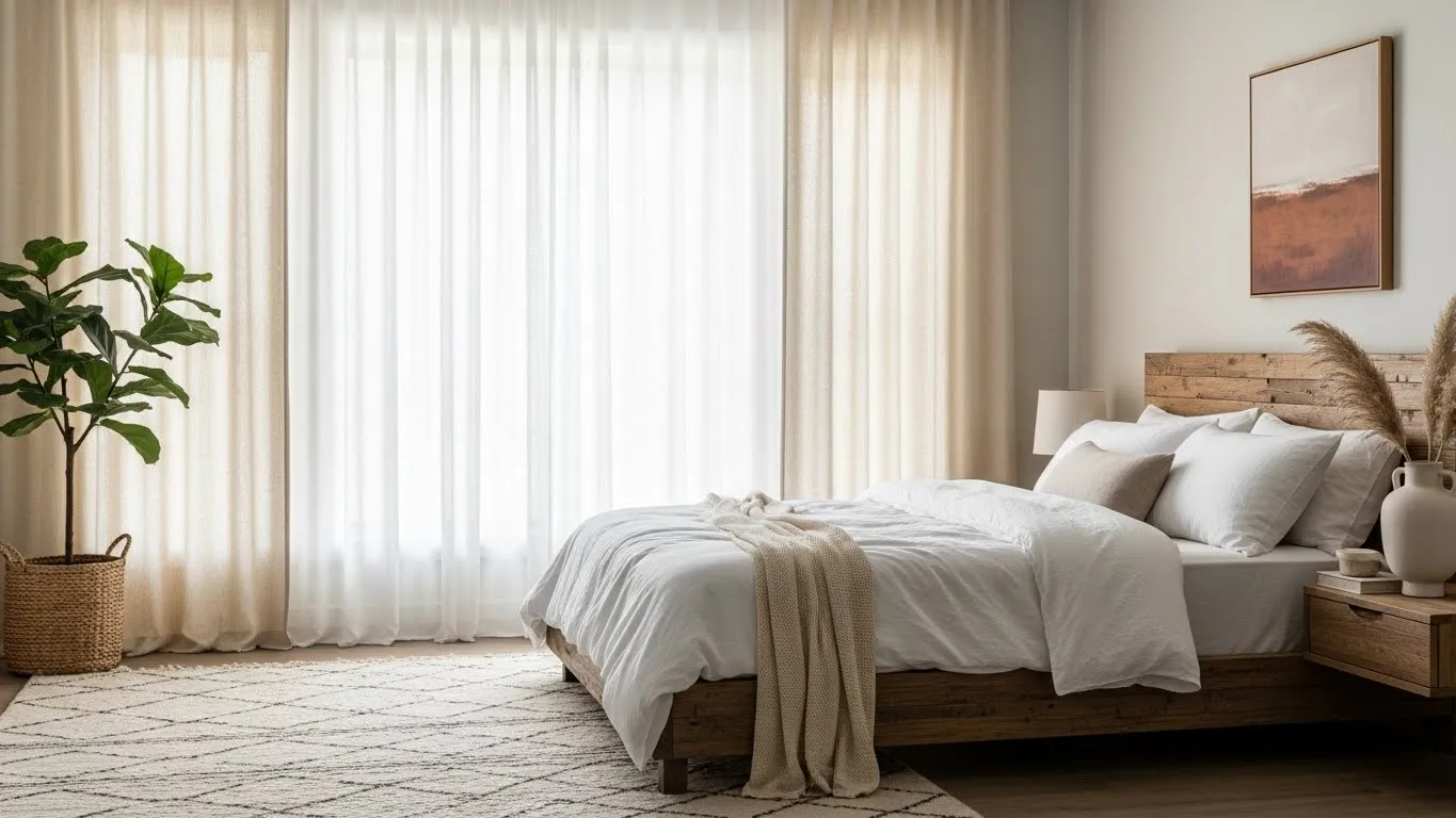 Linen curtains in organic modern bedroom