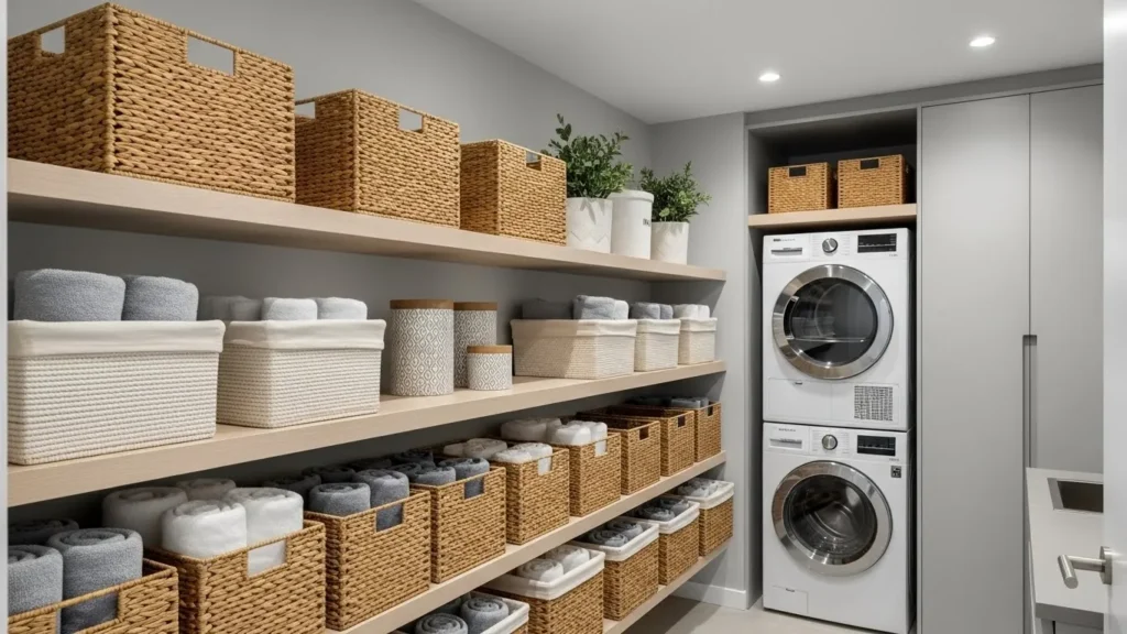 Perfectly sized storage baskets in a small laundry room