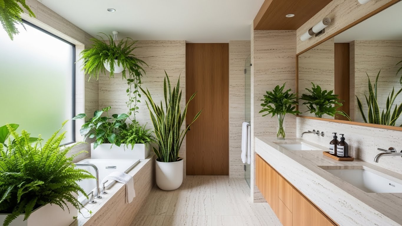 Modern luxury bathroom decorated with indoor plants for a fresh look