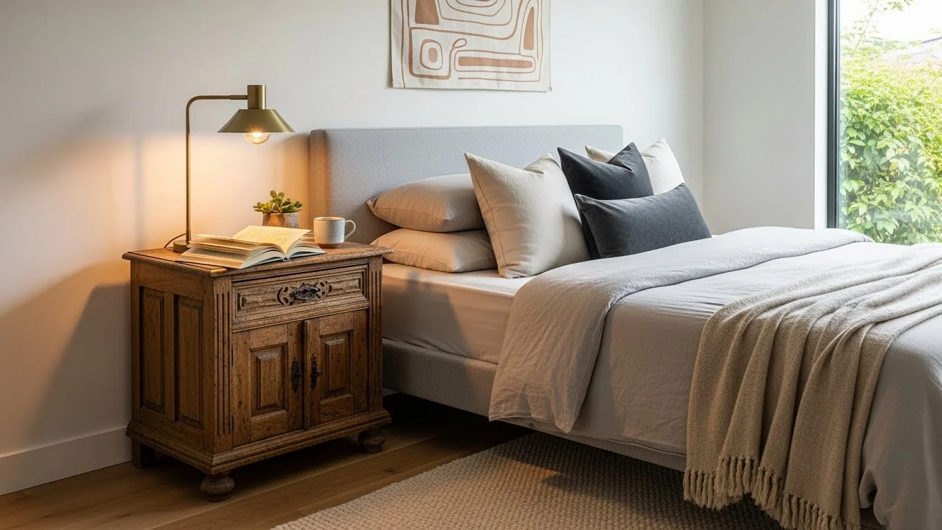 Modern bedroom blending a vintage wooden nightstand with contemporary furnishings in a soft neutral color palette.