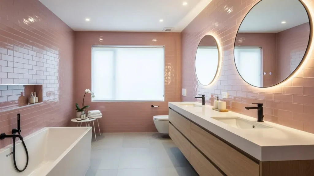 Blush pink bathroom tiles creating a spa-inspired elegant bathroom