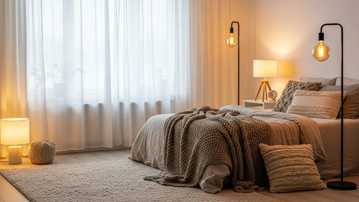 Balanced natural and artificial lighting in a bedroom