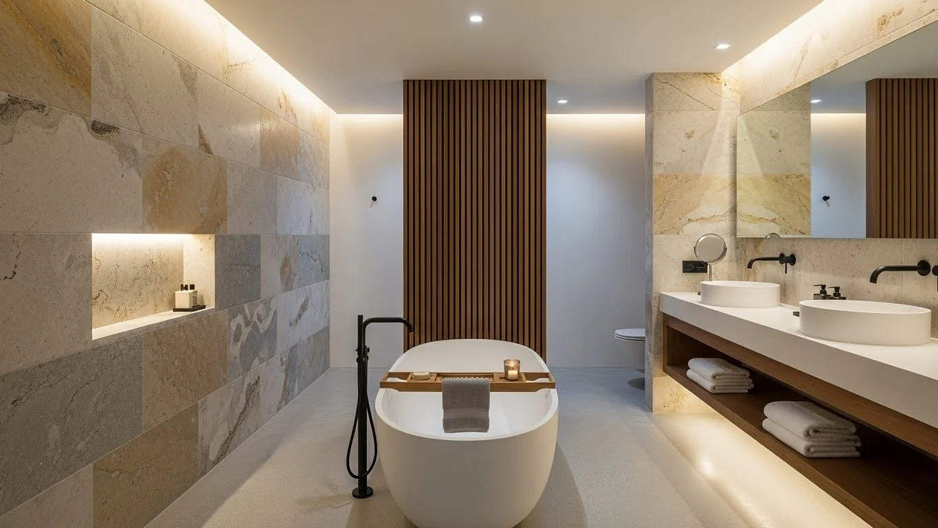 Spa-inspired modern luxury bathroom with natural stone, soft lighting, and minimalist decor