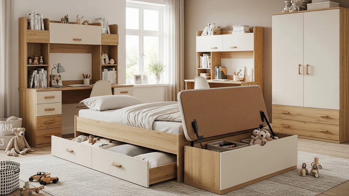 Kids bedroom with furniture that combines sleeping, storage, and study space