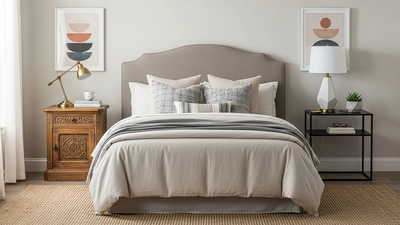 Bedroom styled with mismatched nightstands—one vintage wood and one modern metal—for a curated, relaxed look.