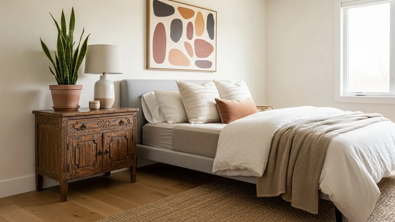 Mix of vintage and modern furniture in bedroom