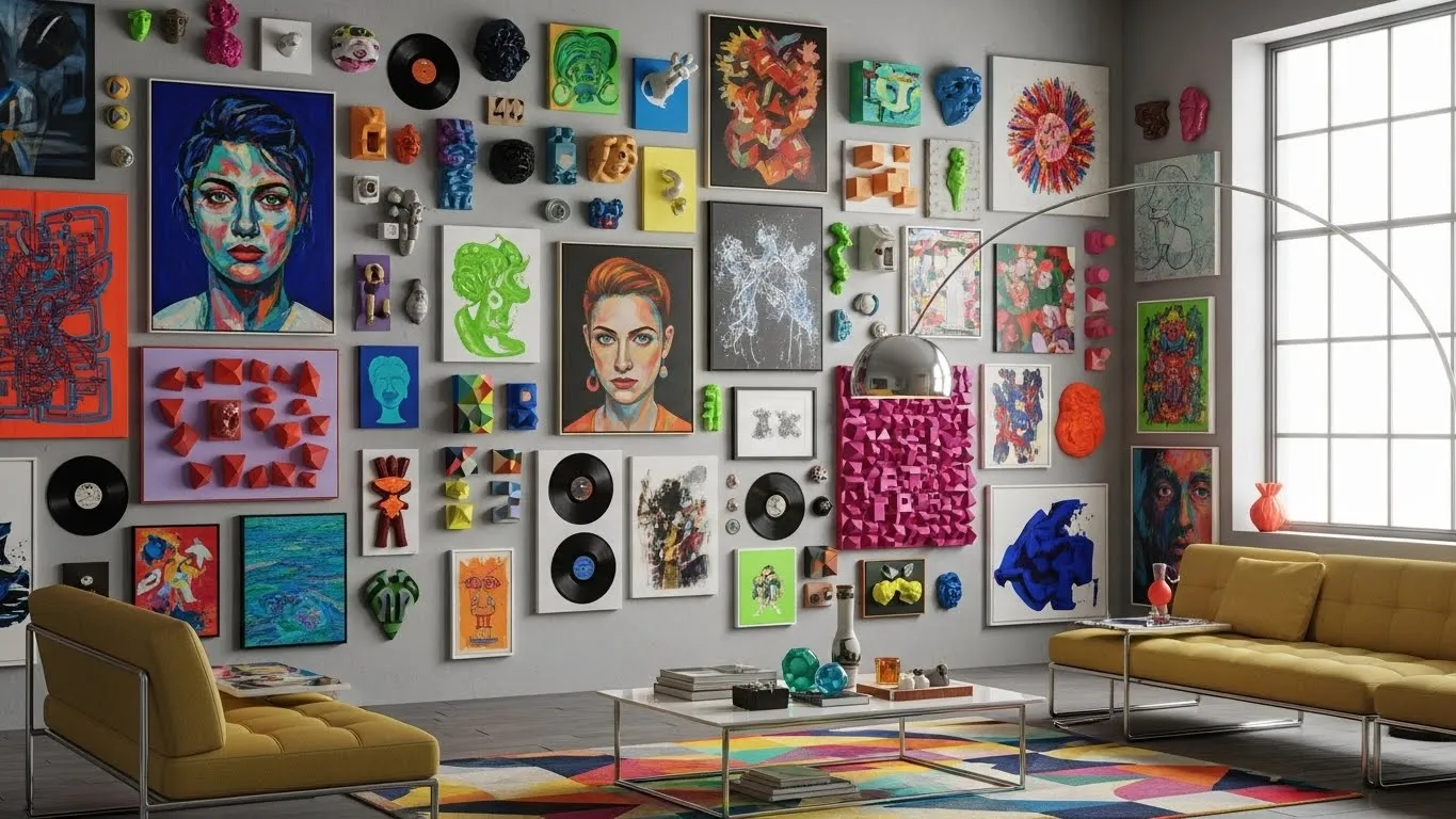 Mixed media gallery wall with diverse artworks and objects in a contemporary living room.