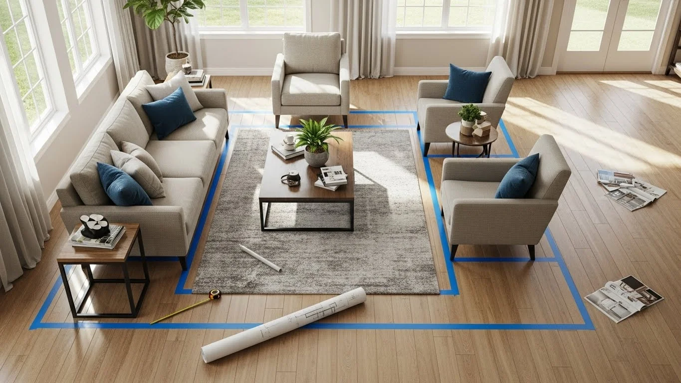 Planning a rectangular living room furniture layout with tape