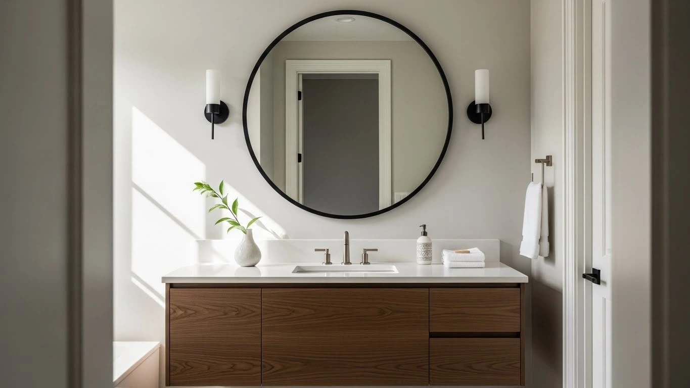 Round statement mirror with a black frame above a modern guest bathroom vanity