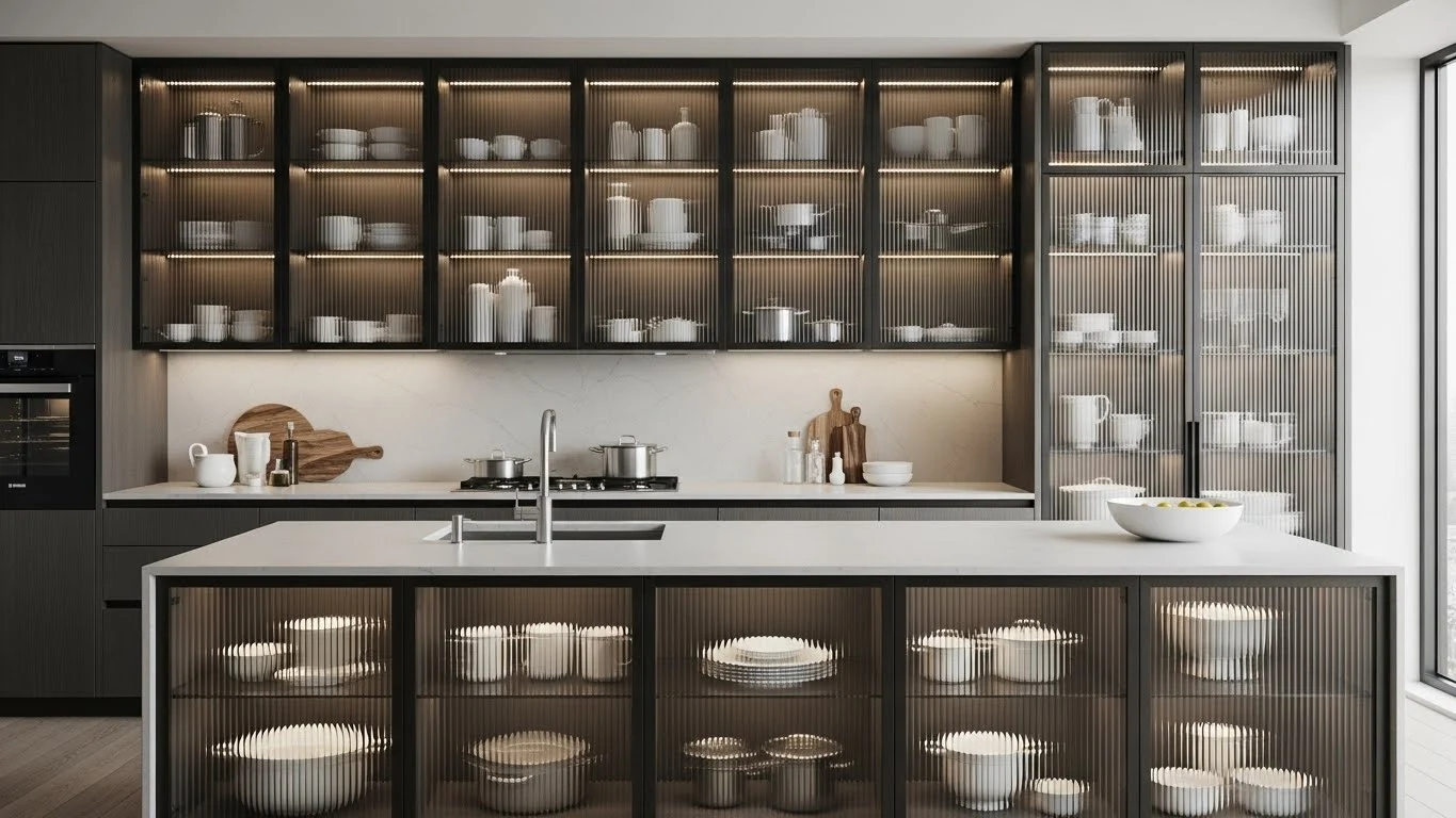 Glass-front kitchen cabinets with ribbed glass and modern interior lighting