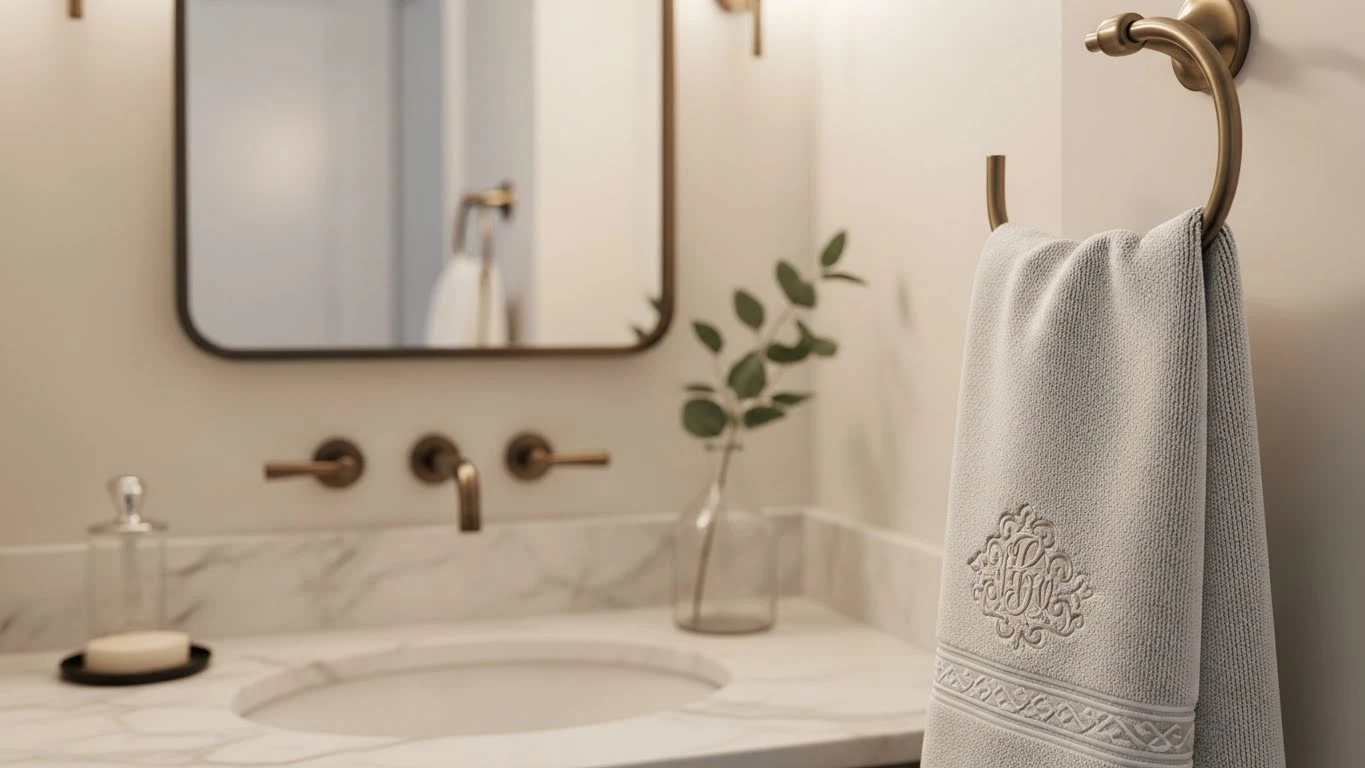 Decorative hand towel displayed in a guest bathroom