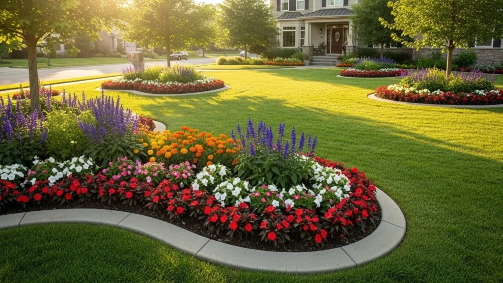 Curved flower bed borders enhancing front yard design
