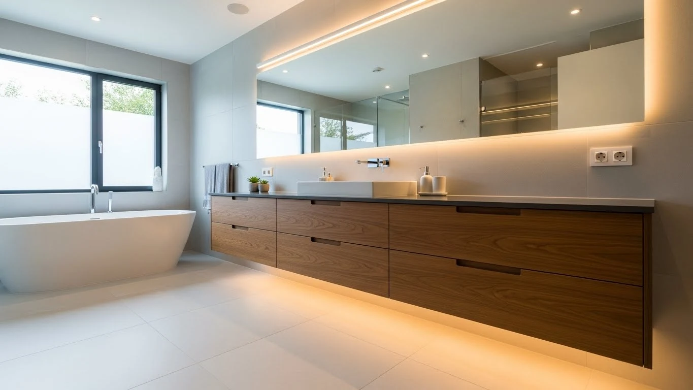 Modern luxury bathroom with a floating vanity and under-lighting