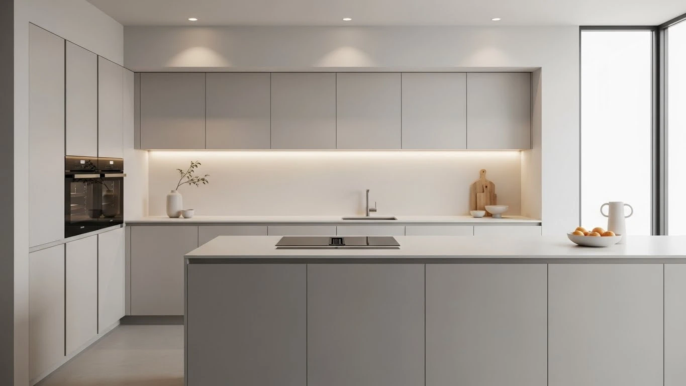 Minimalist kitchen design with handleless cabinets and seamless integrated appliances