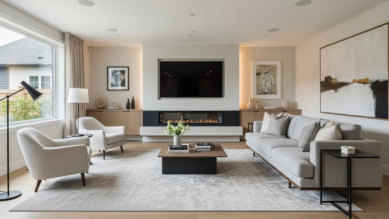 Rectangle living room layout with fireplace and TV featuring a modern cozy furniture arrangement