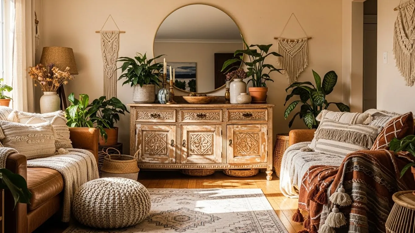 Vintage furniture in a boho style living room