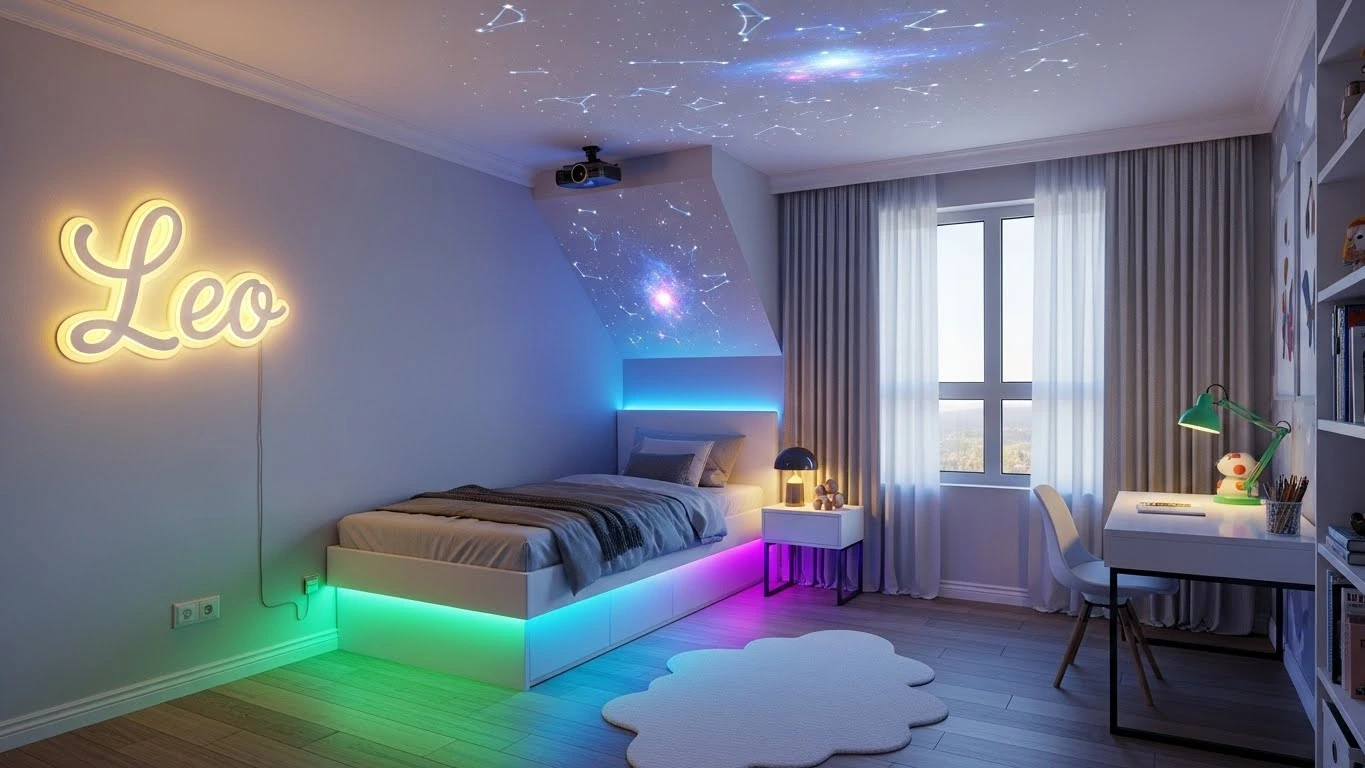 Kids room with star projector and LED lighting for a playful atmosphere