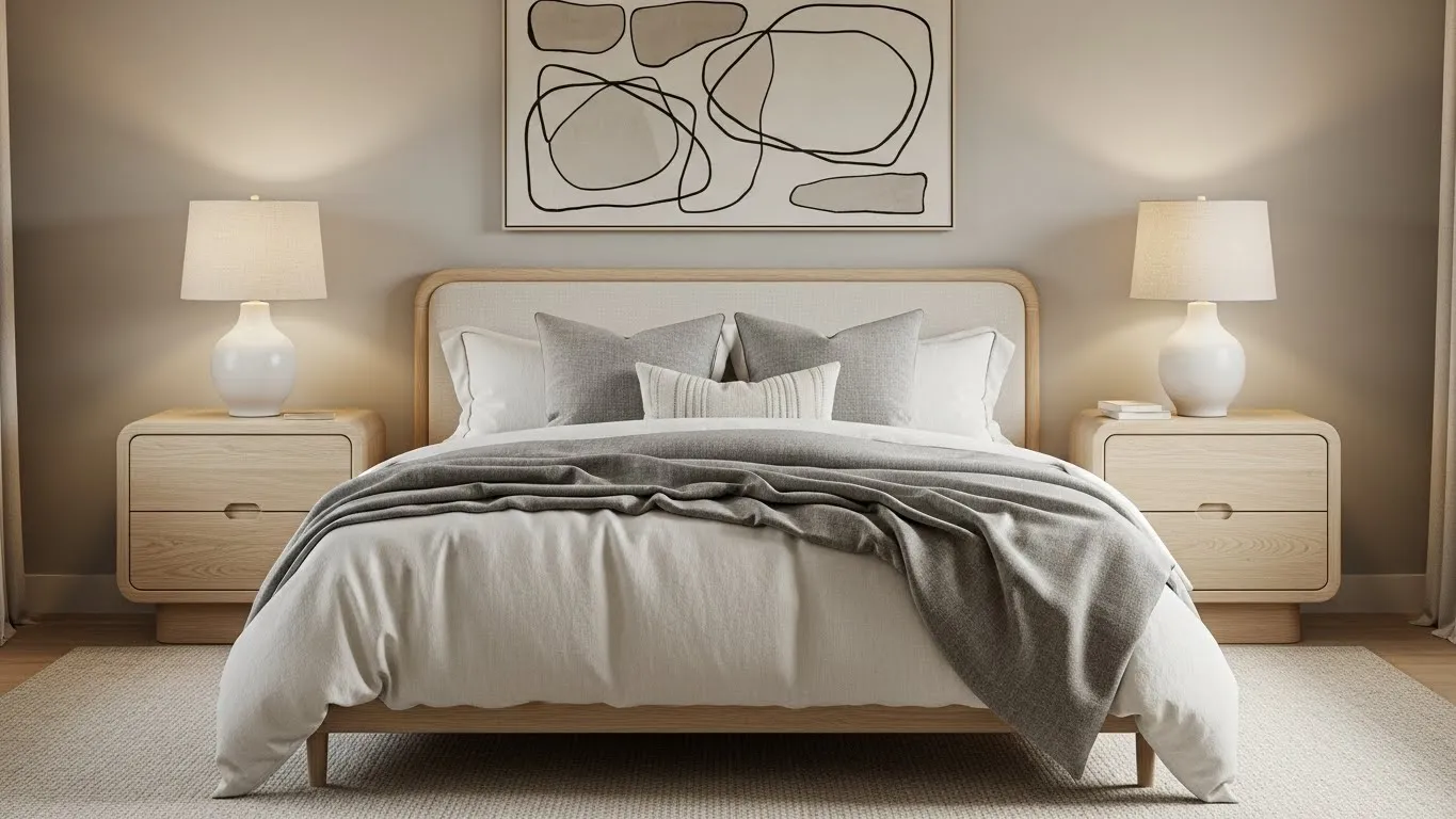 Symmetrical bedroom layout in organic modern style