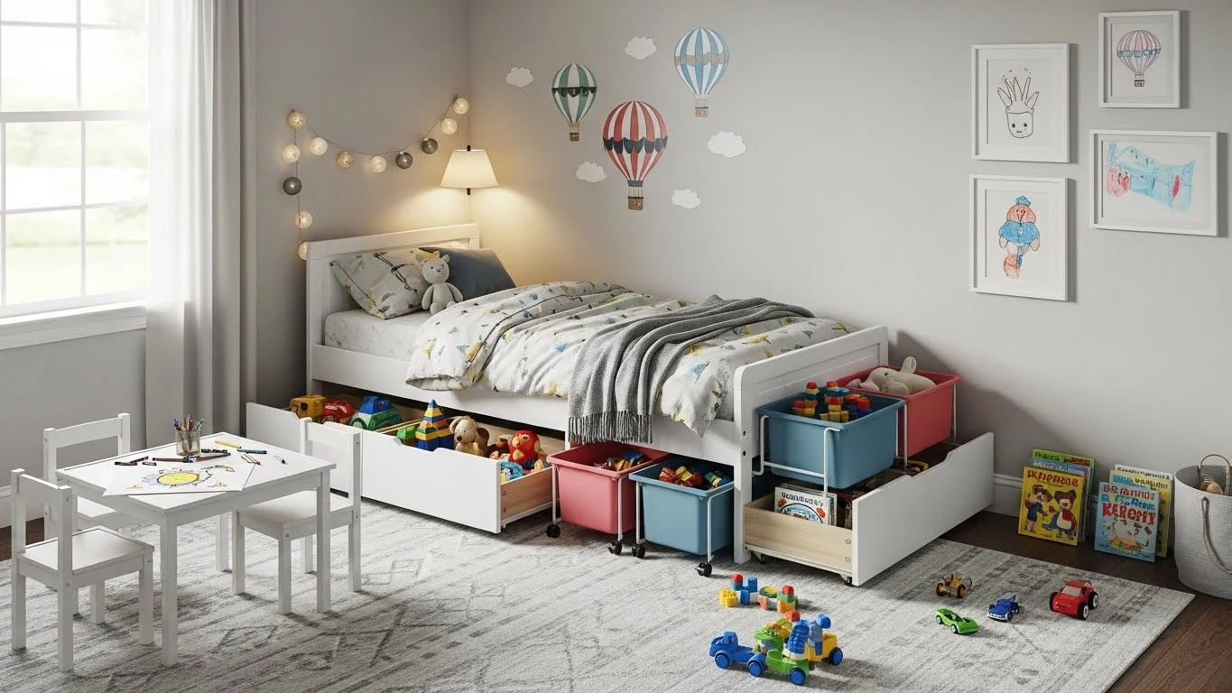 Kids bedroom with practical under-bed storage drawers for toys and books