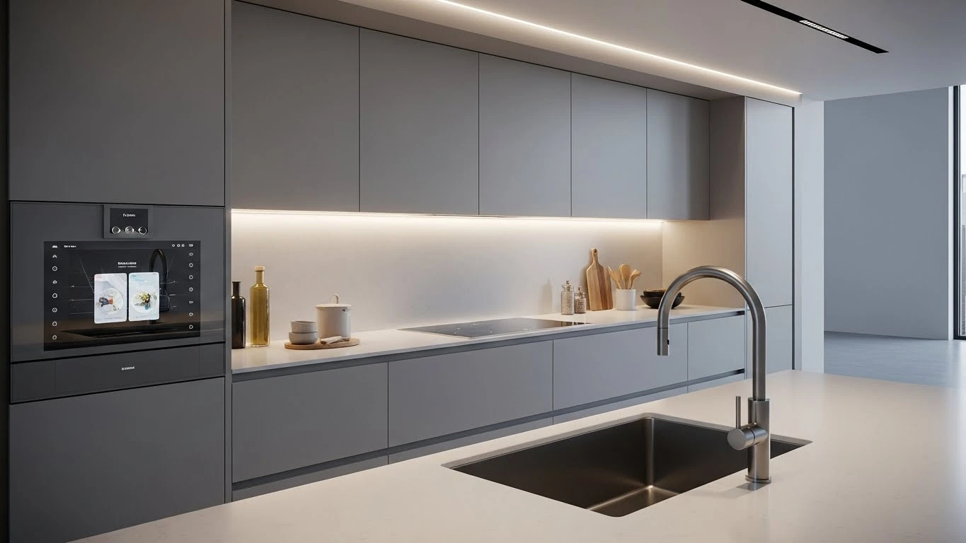 High-tech smart kitchen with touchless faucet and intelligent appliances designed for modern living in 2026