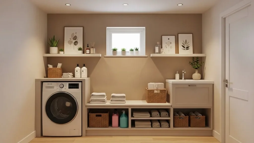 Multi-function storage bench in a small laundry room