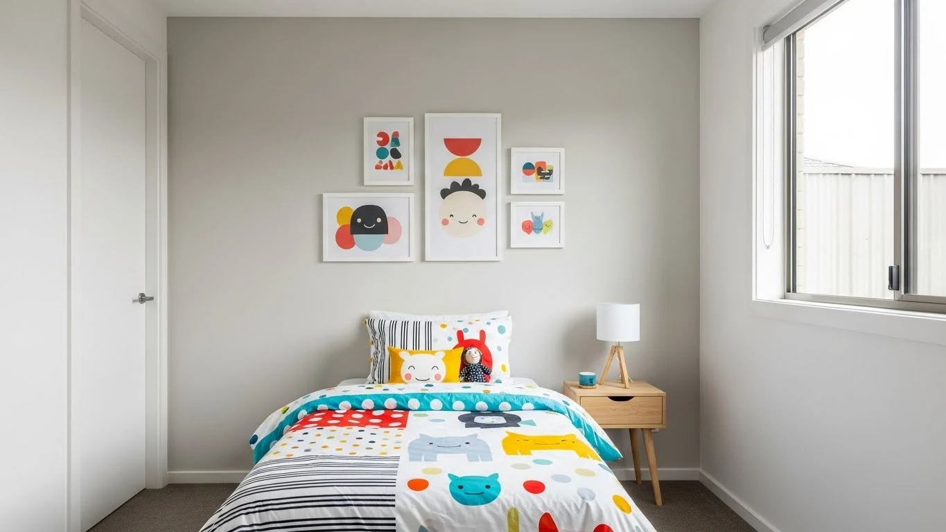 Kids room with neutral walls, colorful bedding, and playful decor accents