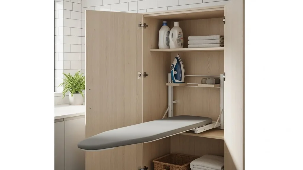 Fold-down wall-mounted ironing board in a small laundry room