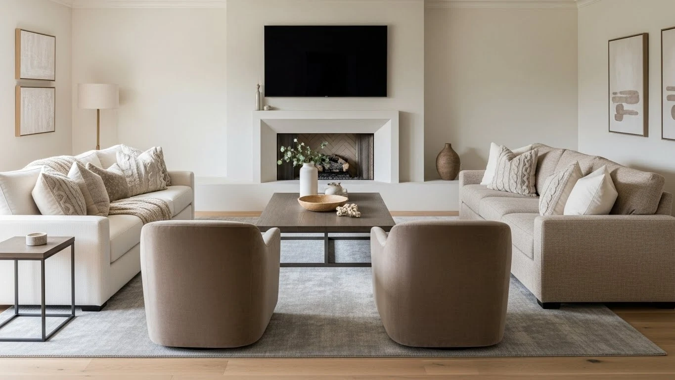 Neutral color palette in a rectangular living room with fireplace