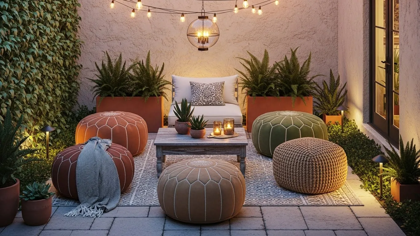 Outdoor poufs used as flexible patio seating
