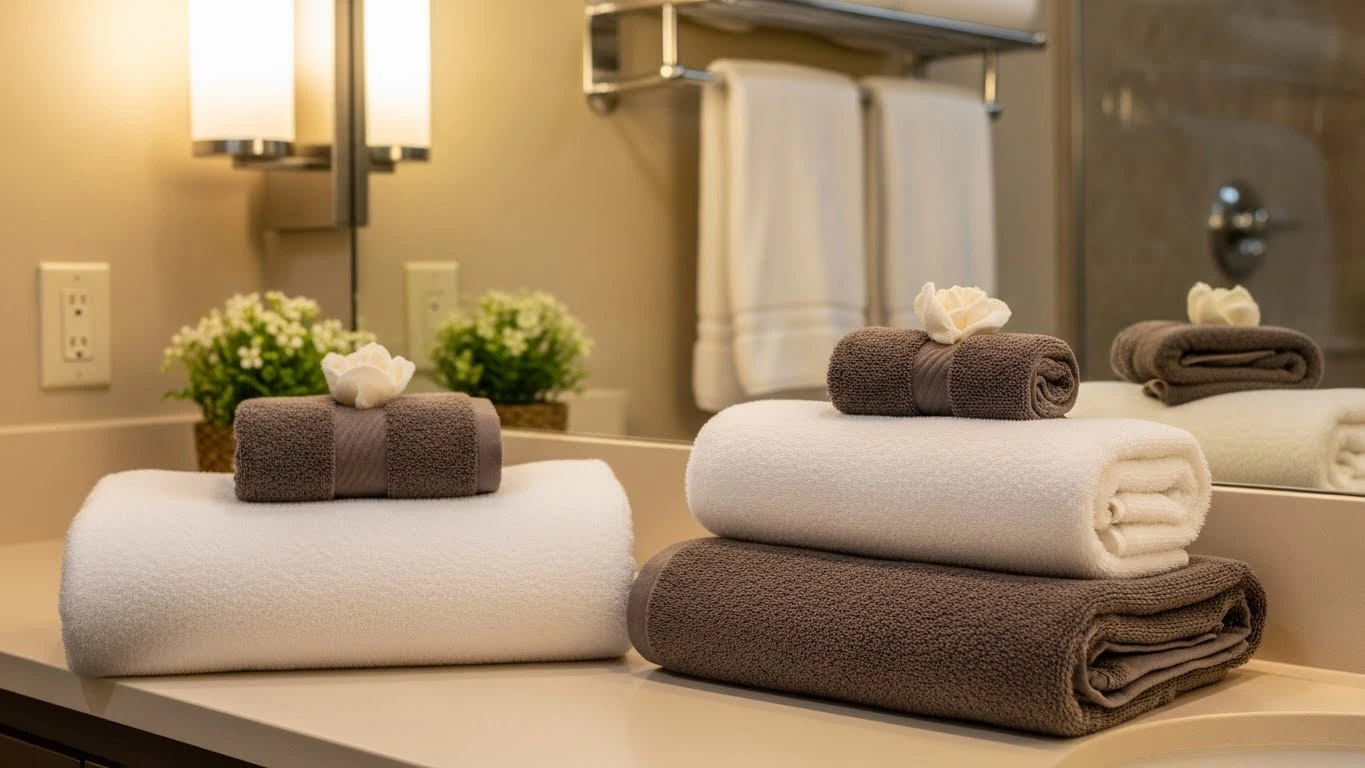 Plush coordinated towels neatly arranged in a guest bathroom