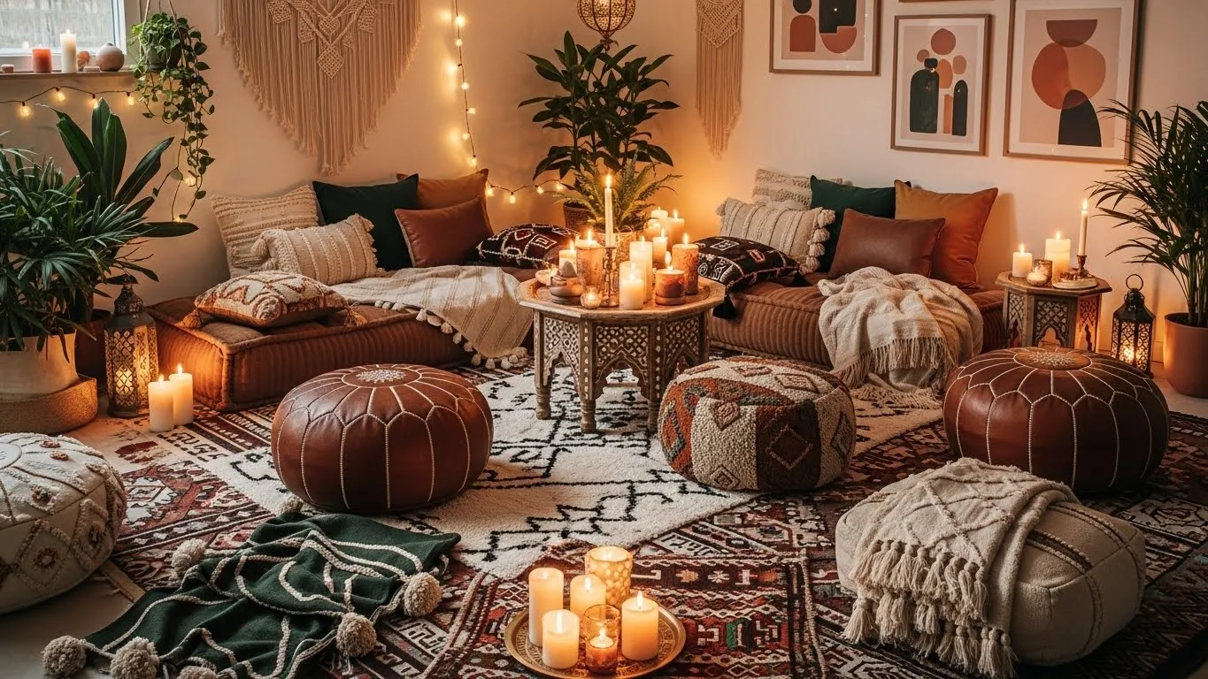 Low seating boho living room with floor cushions and poufs