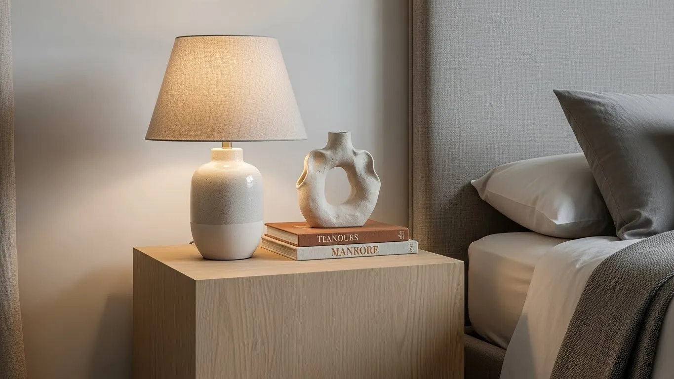 Minimal nightstand decor in organic modern bedroom