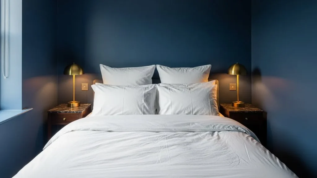 Navy blue paint colour enhancing depth and luxury in a small bedroom