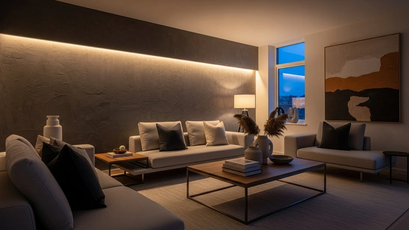 Accent wall with LED lighting adding depth and mood to living room