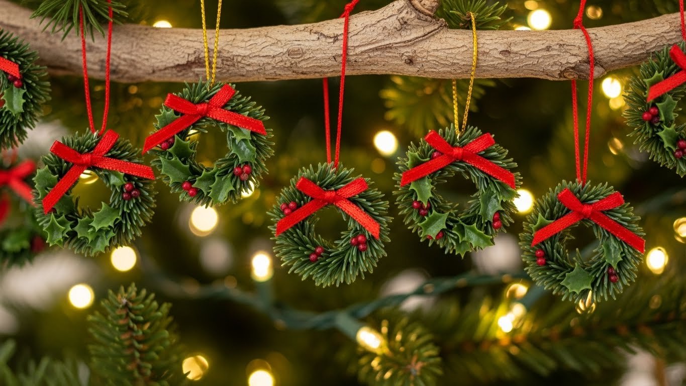 Mini wreath Christmas ornaments made with greenery