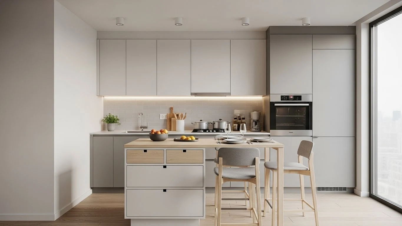 kitchen using multi-functional furniture like a storage island