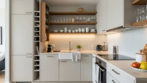 Small kitchen design with smart storage, open shelving, light cabinetry, and a clutter-free modern layout