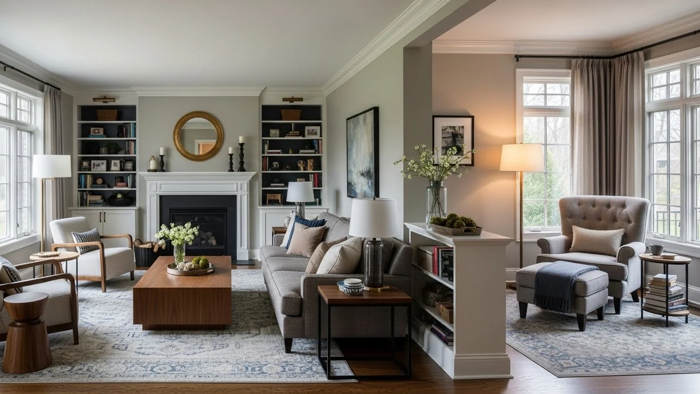 Zoned rectangular living room with fireplace and separate seating areas