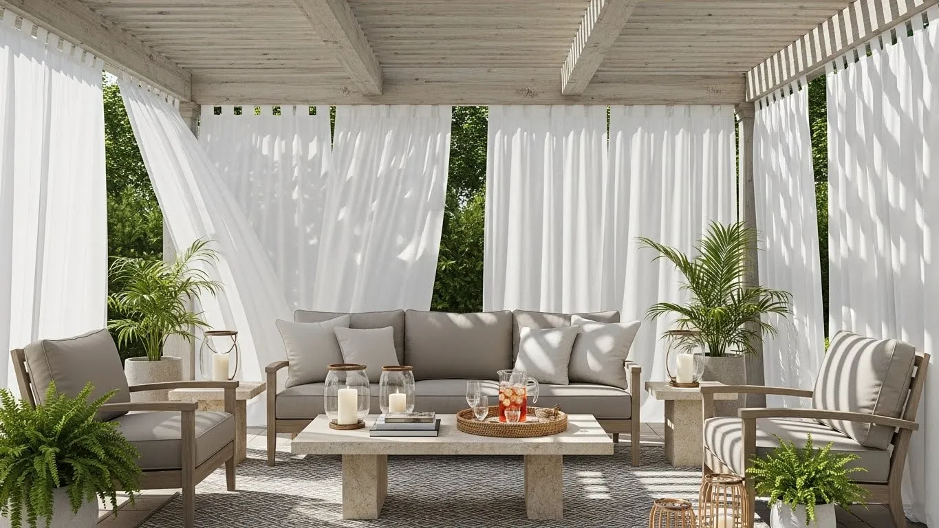 Outdoor patio with pergola and flowing curtains for privacy