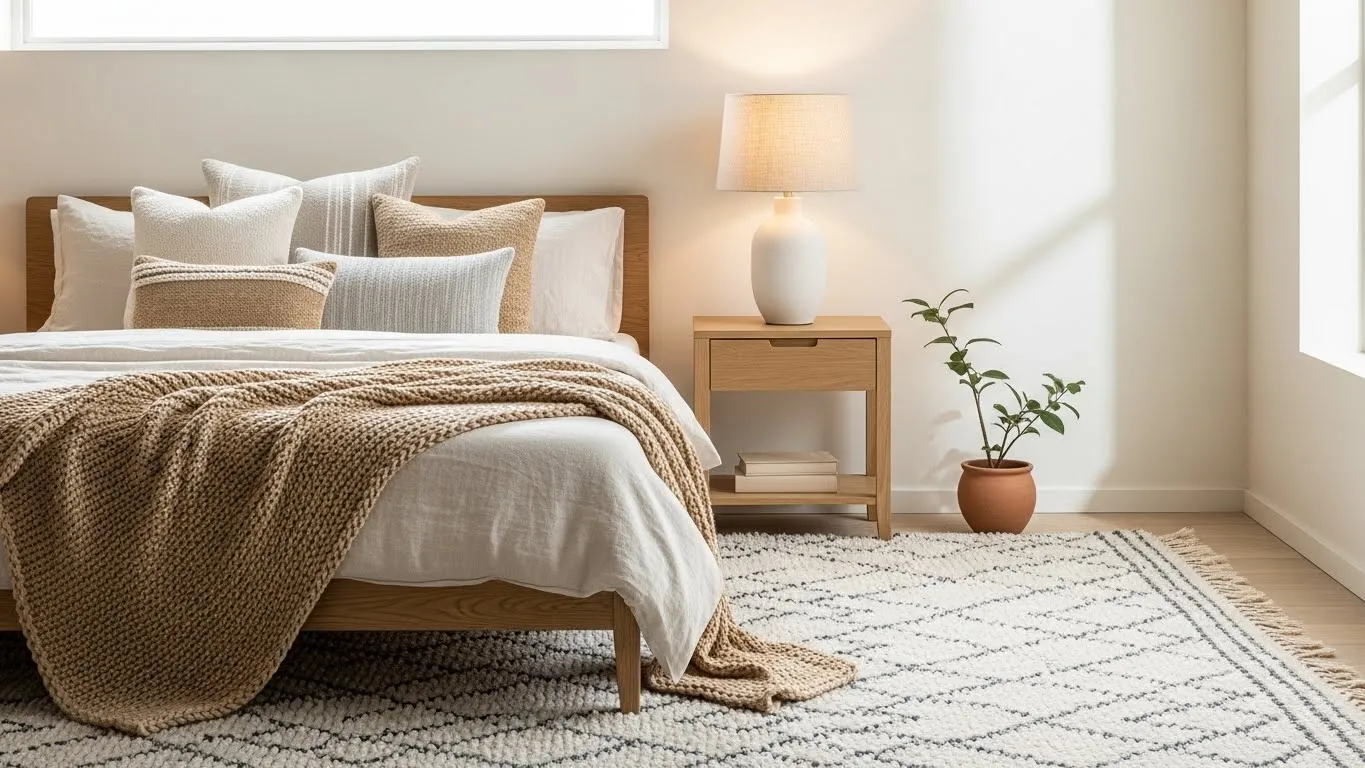 Layered textures in neutral organic modern bedroom