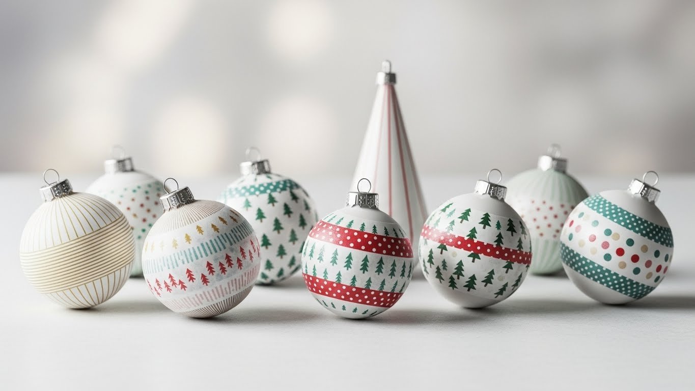 Plain Christmas ornaments wrapped in patterned washi tape, modern DIY holiday decor, clean background, soft even lighting, minimalist handmade aesthetic, photorealistic, no text overlays