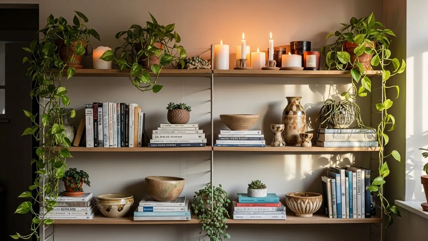 Open shelving styled with boho décor items