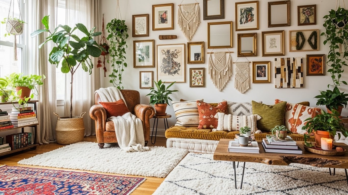 Boho living room gallery wall with eclectic frames, macramé decor, and colorful textures.