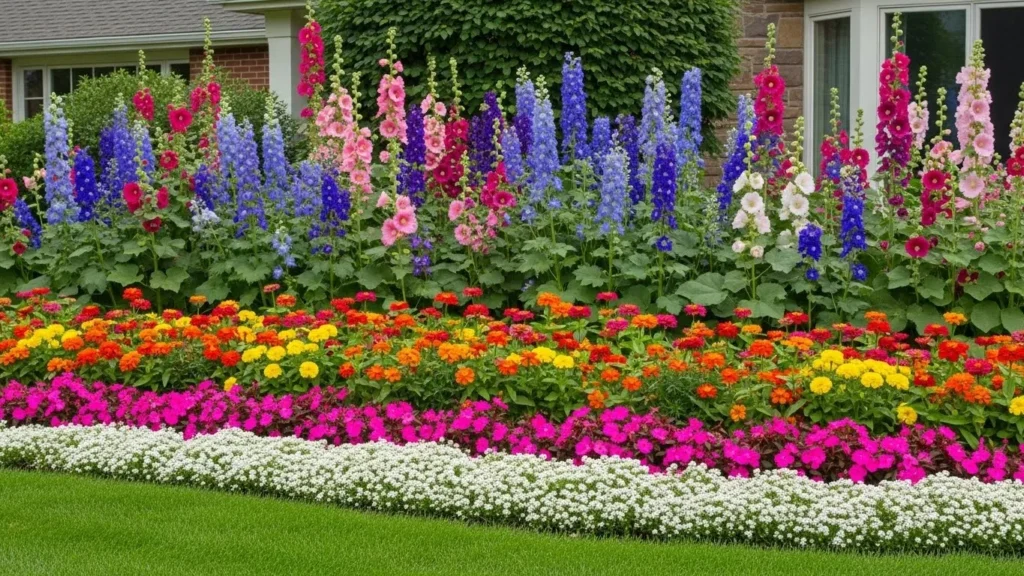 Layered flower bed design adding depth to front yard landscaping