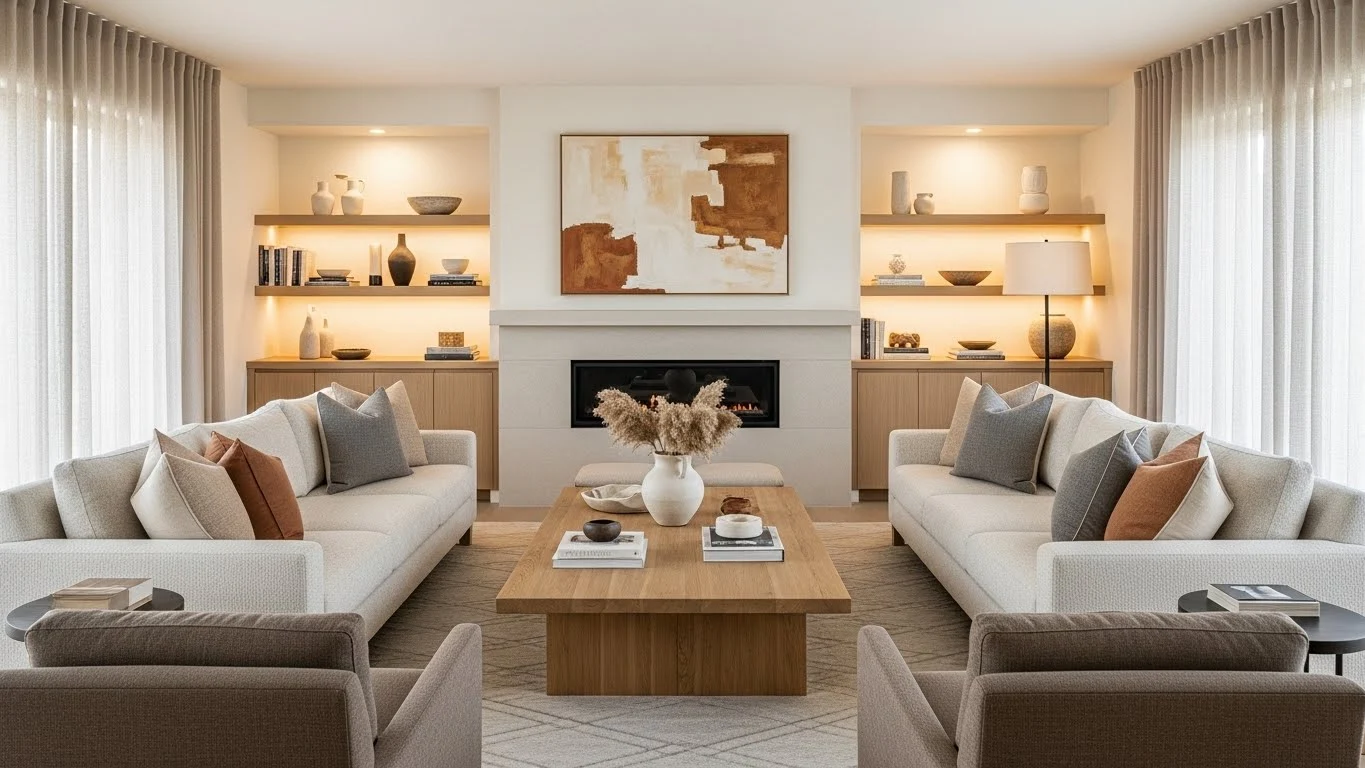 Living room layout with fireplace as the main focal point in a rectangular space