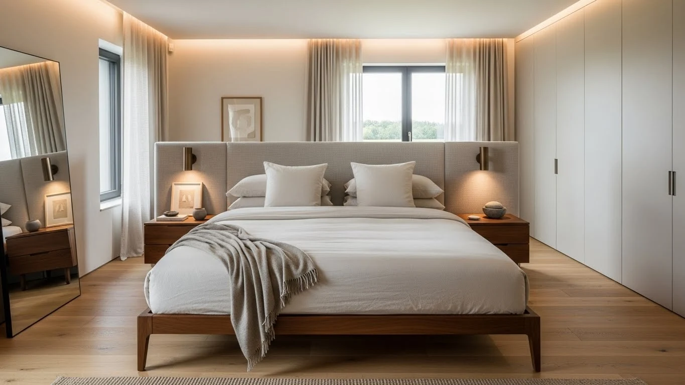 Quiet luxury bedroom with clean lines, neutral colors, high-quality materials, and understated elegant styling.